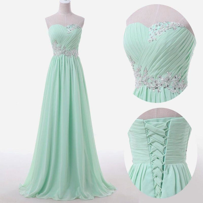 Bridelily Sweetheart Sky Blue Mint Chiffon Prom Dresses Lace Beading Sweep Train Lace-up Back Bridesmaid Dresses - Prom Dresses