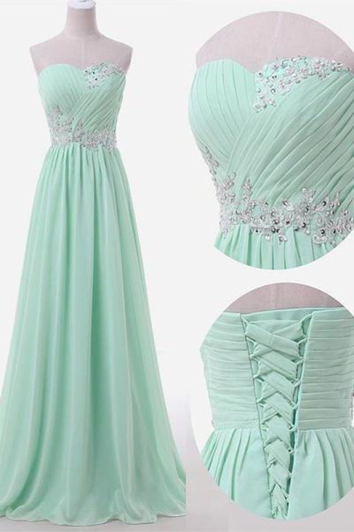 Bridelily Sweetheart Sky Blue Mint Chiffon Prom Dresses Lace Beading Sweep Train Lace-up Back Bridesmaid Dresses - Prom Dresses