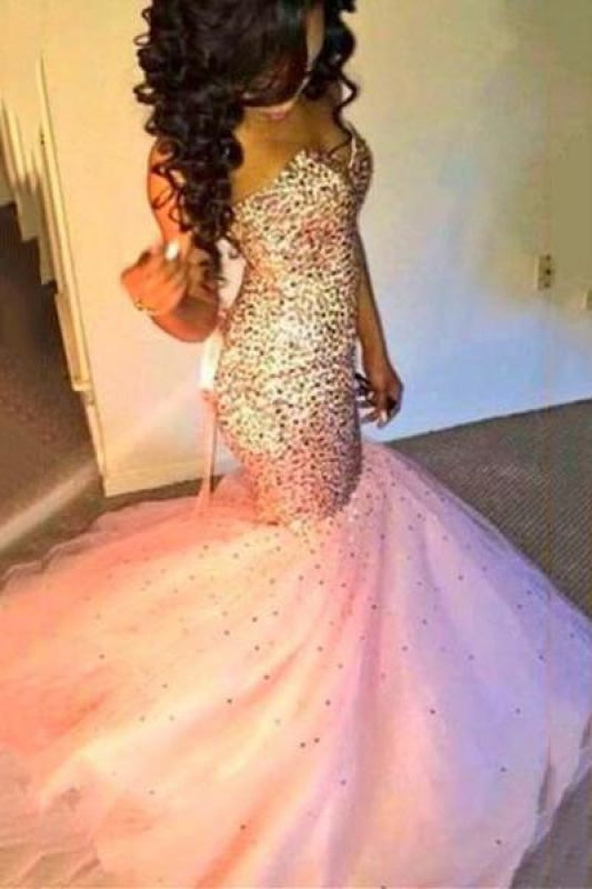 Bridelily Sweetherat Crystal Mermaid Lace-Up Evening Gown with Beadings Latstst 2019 Pink Prom Dress - Prom Dresses