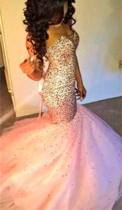 Bridelily Sweetherat Crystal Mermaid Lace-Up Evening Gown with Beadings Latstst 2019 Pink Prom Dress - Prom Dresses