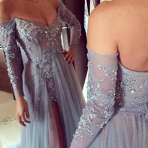 Bridelily Tiered Sexy Tulle Long Sleeve Evening Dresses Open Back Alluring Sweep Train Special Occassion Dresses - Prom Dresses