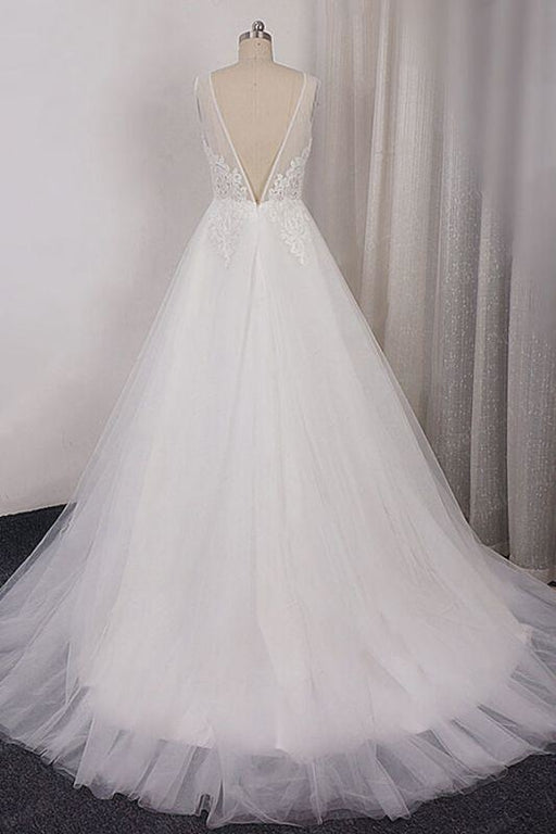 Bridelily V-neck Appliques Tulle A-line Wedding Dress - wedding dresses