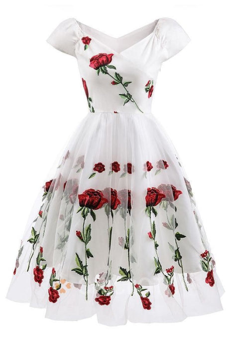 Bridelily V-Neck Floewrs Ruffles Lace Dresses - S / White - lace dresses