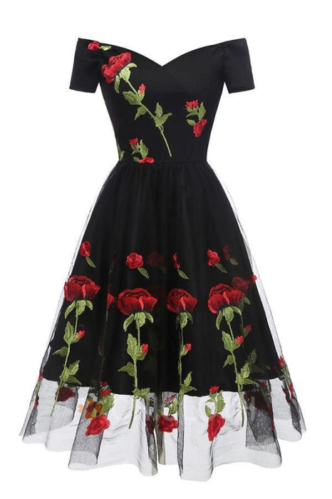 Bridelily V-Neck Floewrs Ruffles Lace Dresses - S / Black - lace dresses