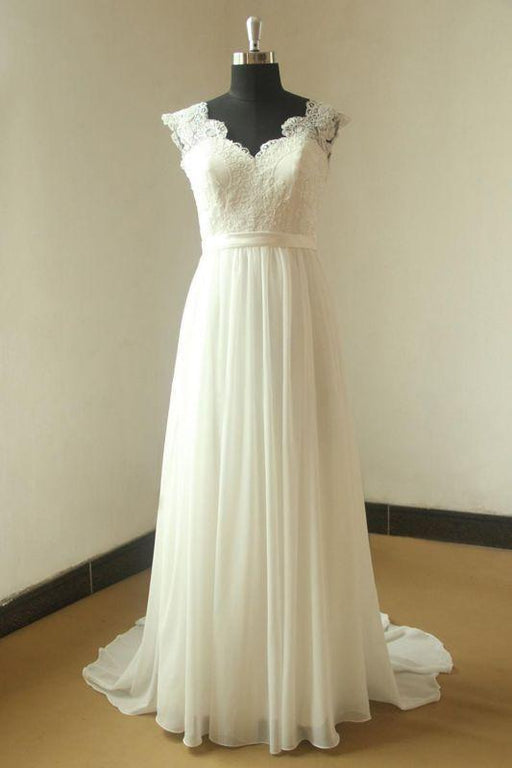 Bridelily V-neck Lace Chiffon Floor Length Wedding Dress - wedding dresses
