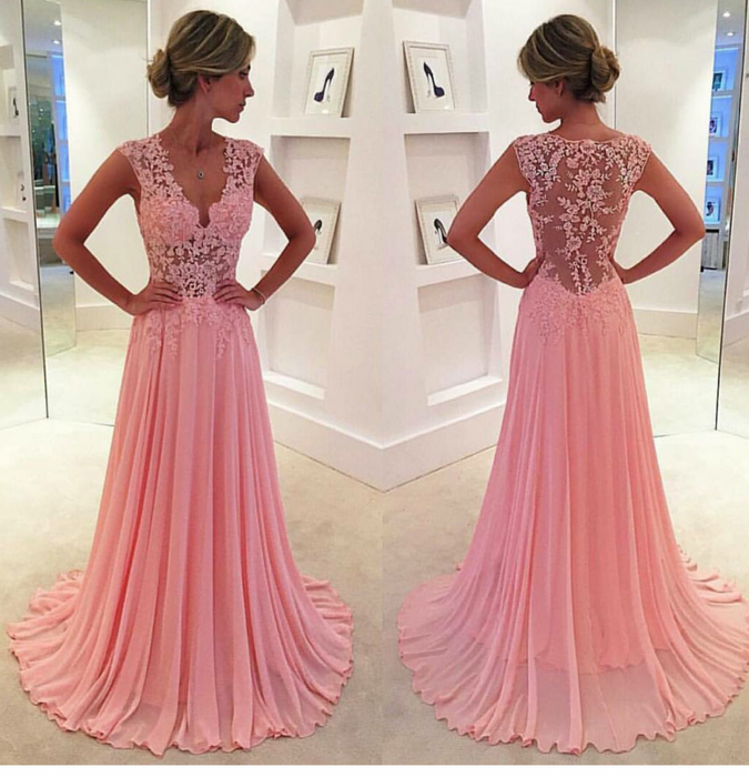Bridelily V-neck Pink 2019 Long Prom Dresses Elegant Popular Evening Dress CE043 - Prom Dresses