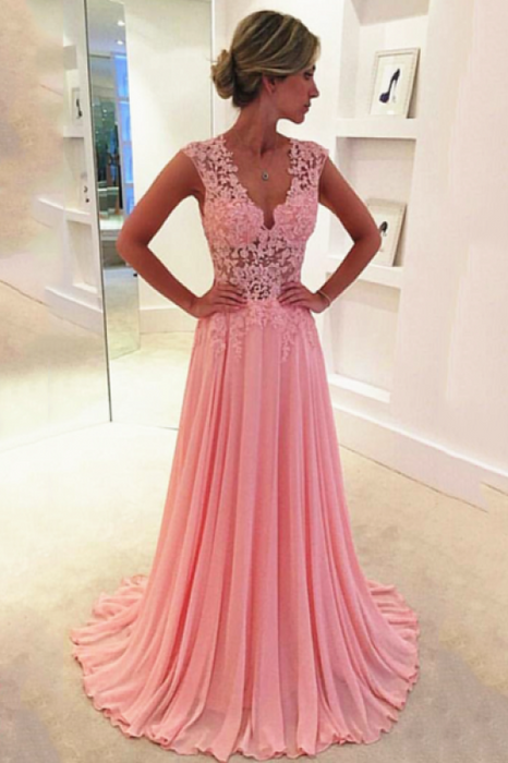 Bridelily V-neck Pink 2019 Long Prom Dresses Elegant Popular Evening Dress CE043 - Prom Dresses