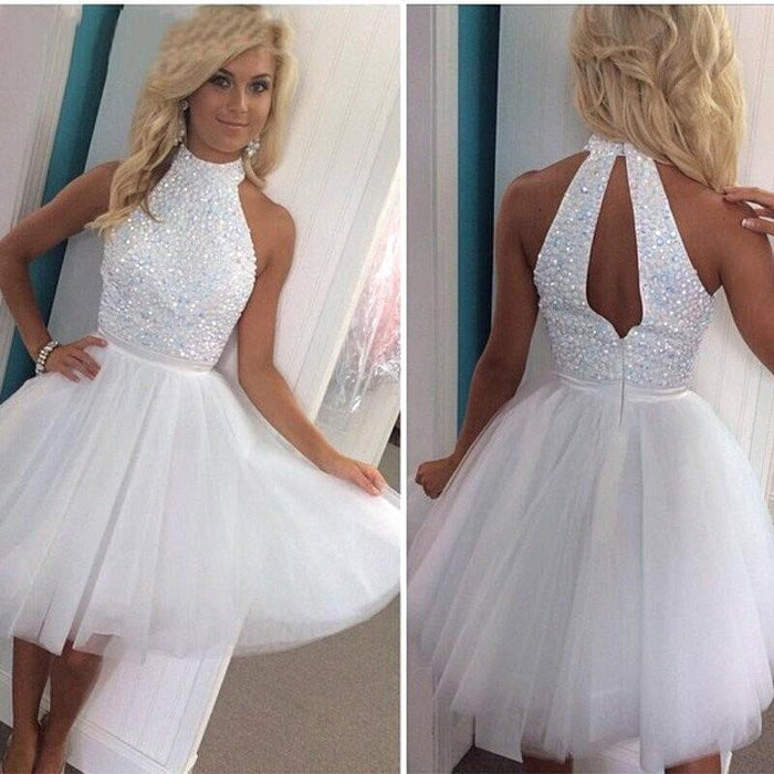 Bridelily White Crystal High Collar Short Homecoming Dresses Tulle Sleeveless Mini Cocktail Gowns - Prom Dresses