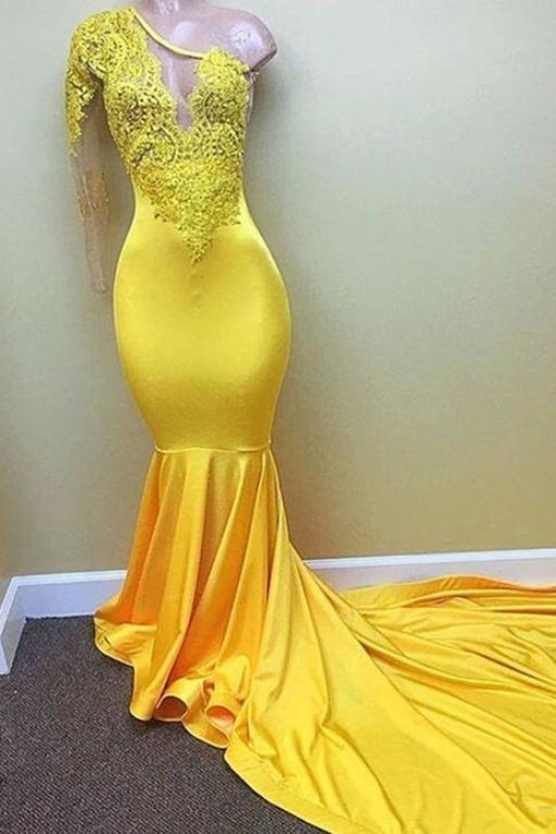 Bridelily Yellow one shoulder mermaid prom dress lace evening dresses 2019 - Prom Dresses