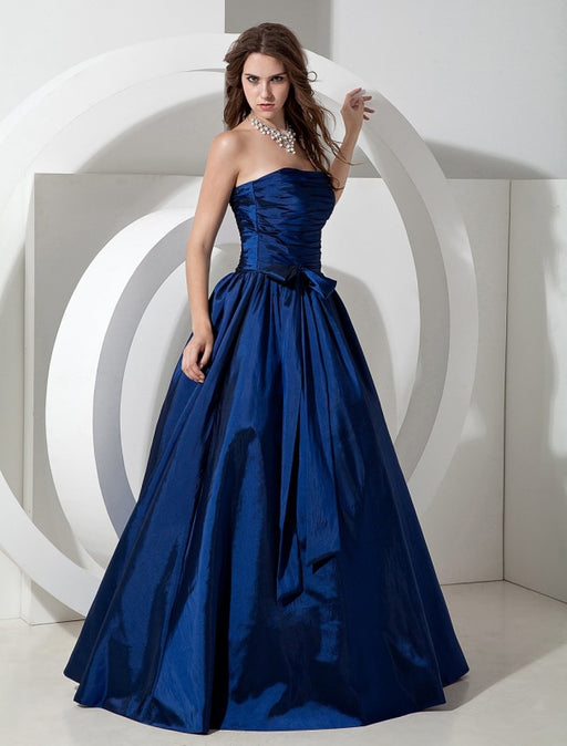 Bridesmaid Dresses Long Royal Blue Taffeta Evening Dress Floor Length Strapless A Line Pleated Prom Dress