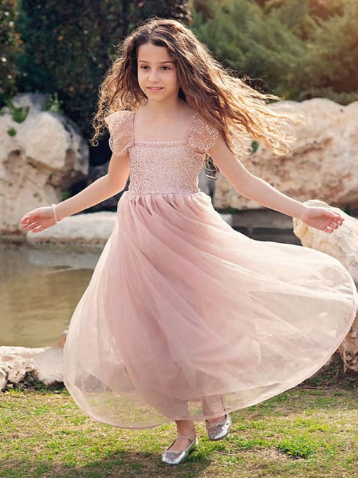 Cameo Brown Flower Girl Dresses Jewel Neck Polyester Sleeveless Ankle-Length A-Line Lace Formal Kids Pageant Dresses