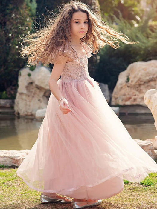 Cameo Brown Flower Girl Dresses Jewel Neck Polyester Sleeveless Ankle-Length A-Line Lace Formal Kids Pageant Dresses