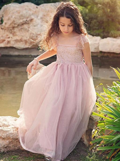 Cameo Brown Flower Girl Dresses Jewel Neck Polyester Sleeveless Ankle-Length A-Line Lace Formal Kids Pageant Dresses