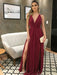 Burgundy A Line V Neck Chiffon Long Prom Dresses with Slit, Burgundy Formal Dresses, Evening Dresses