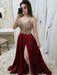 Burgundy A Line V Neck Satin Beaded Long Prom Dresses with Slit, Burgundy Formal Dresses, Burgundy Evening Dresses