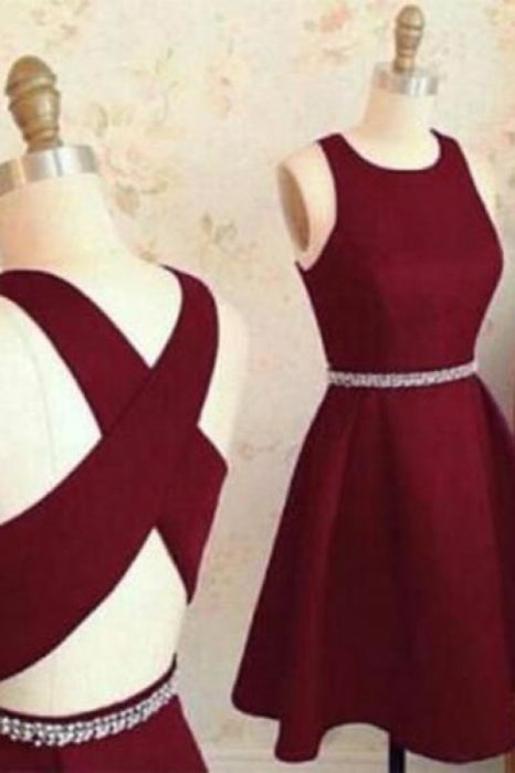 Burgundy Cute Short Prom Dresses Sleeveless Satin Homecoming Party Dress with Beads - Prom Dresses