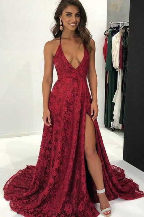 Burgundy Deep V Neck Evening Dress Sweep Train Backless Long Lace Prom Gown - Prom Dresses