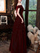 Burgundy Evening Dress A-Line Bateau Neck Short Sleeve Lace Up Buttons Korean Velvet Floor Length Formal Party Dresses