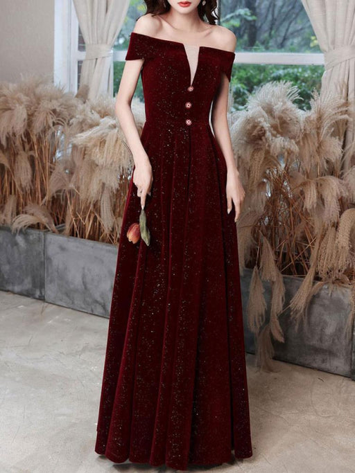 Burgundy Evening Dress A-Line Bateau Neck Short Sleeve Lace Up Buttons Korean Velvet Floor Length Formal Party Dresses