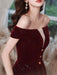 Burgundy Evening Dress A-Line Bateau Neck Short Sleeve Lace Up Buttons Korean Velvet Floor Length Formal Party Dresses