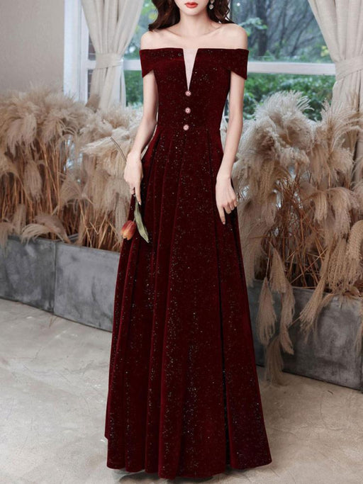 Burgundy Evening Dress A-Line Bateau Neck Short Sleeve Lace Up Buttons Korean Velvet Floor Length Formal Party Dresses