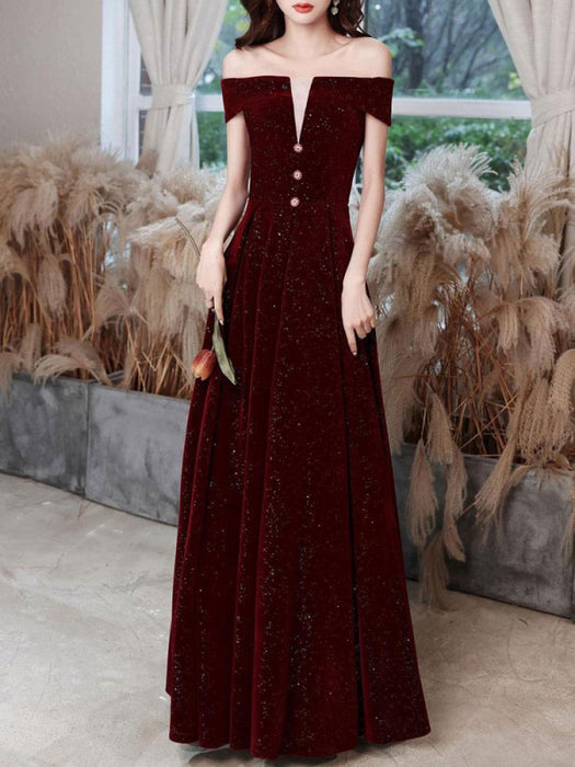 Burgundy Evening Dress A-Line Bateau Neck Short Sleeve Lace Up Buttons Korean Velvet Floor Length Formal Party Dresses
