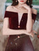 Burgundy Evening Dress A-Line Bateau Neck Short Sleeve Lace Up Buttons Korean Velvet Floor Length Formal Party Dresses