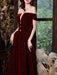 Burgundy Evening Dress A-Line Bateau Neck Short Sleeve Lace Up Buttons Korean Velvet Floor Length Formal Party Dresses