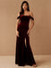 Burgundy Evening Dress A-Line Bateau Neck Short Sleeves Zipper Front Velour Split Floor-Length Formal Party Dresses