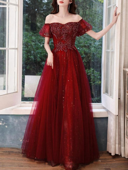 Burgundy Evening Dress A-Line Bateau Neck Sleeveless Floor-Length Lace-up Formal  Dinner Dresses — Bridelily