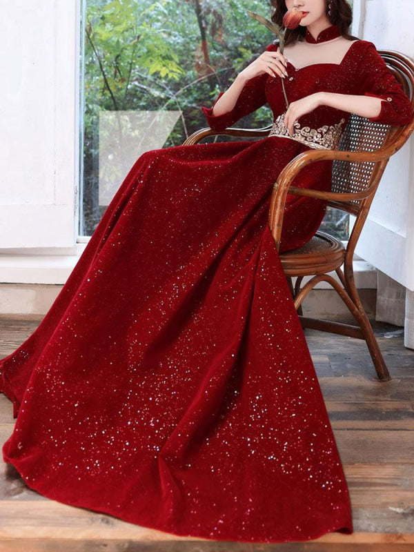 open lace back dress Burgundy Evening Dress A-Line High Collar Long Sleeves Korean Velvet S —  Bridelily