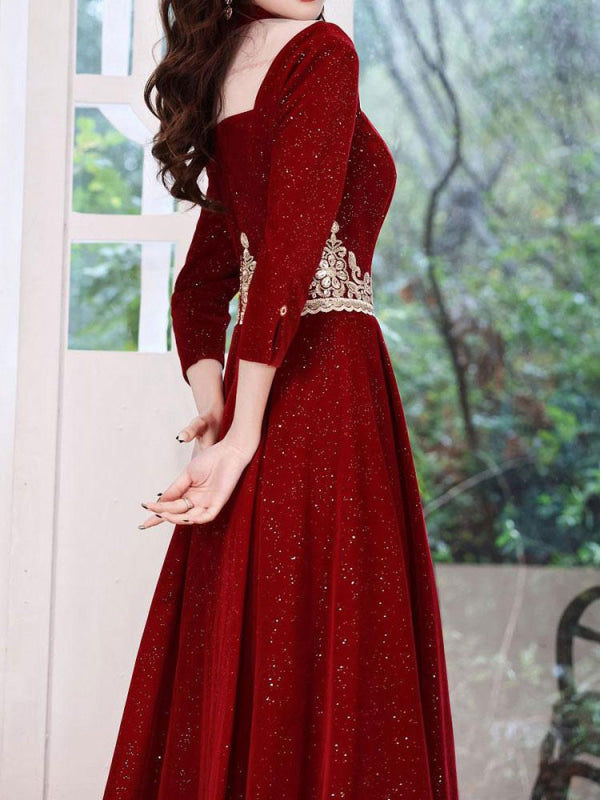 Burgundy Evening Dress A-Line High Collar Long Sleeves Korean Velvet S —  Bridelily