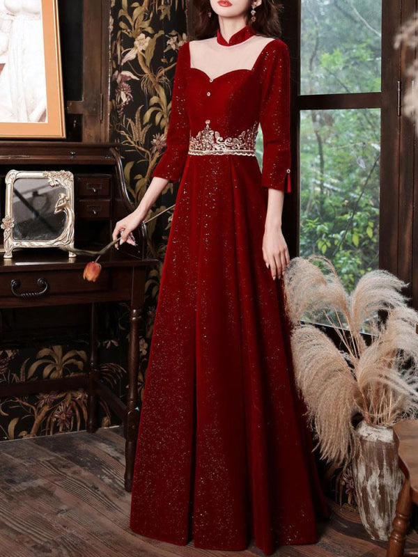 Burgundy Evening Dress A-Line High Collar Long Sleeves Korean Velvet S Bridelily Burgundy Evening Dress A-Line High Collar Long Sleeves Korean Velvet S Bridelily