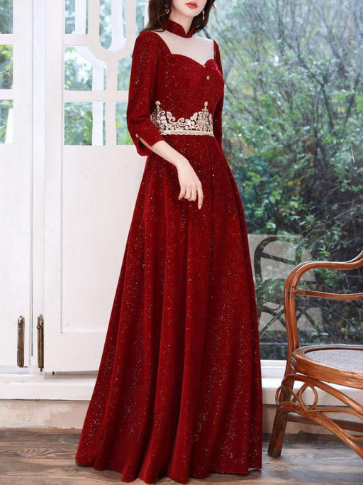 Burgundy Evening Dress A-Line High Collar Long Sleeves Korean Velvet Sequined Floor-Length Applique Social Pageant Dresses