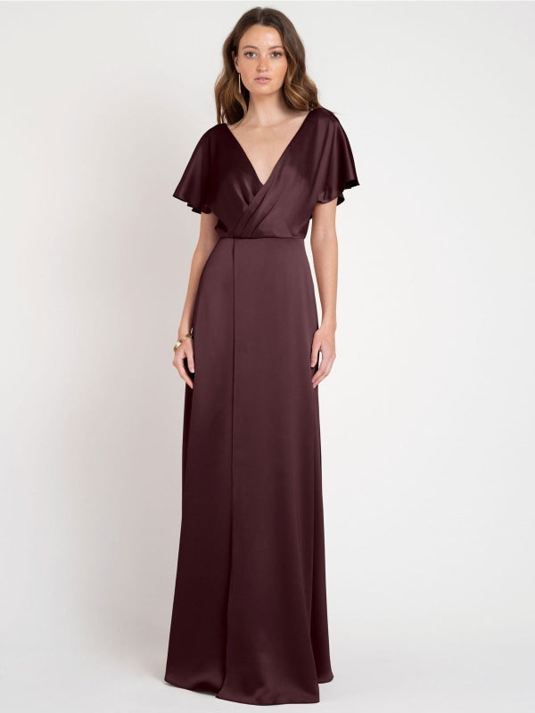 Burgundy Evening Dress A-Line V-Neck Floor-Length Short Sleeves Backless Pleated Matte Satin Social Party Dresses