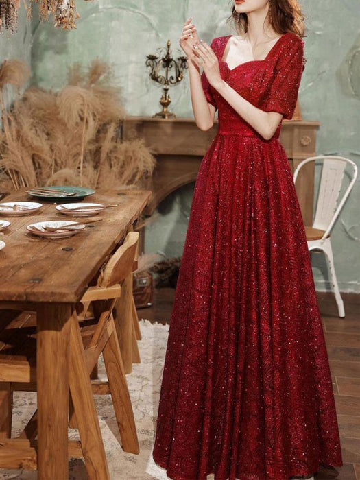 Burgundy Evening Dress A-Line V-Neck Half Sleeves Lace Floor-Length Formal Dinner Dresses Evening Dress
