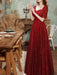 Burgundy Evening Dress A-Line V-Neck Half Sleeves Lace Floor-Length Formal Dinner Dresses Evening Dress