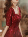 Burgundy Evening Dress A-Line V-Neck Half Sleeves Lace Floor-Length Formal Dinner Dresses Evening Dress