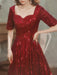 Burgundy Evening Dress A-Line V-Neck Half Sleeves Lace Floor-Length Formal Dinner Dresses Evening Dress