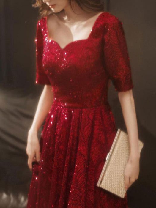 Burgundy Evening Dress A-Line V-Neck Half Sleeves Lace Floor-Length Formal Dinner Dresses Evening Dress