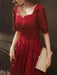 Burgundy Evening Dress A-Line V-Neck Half Sleeves Lace Floor-Length Formal Dinner Dresses Evening Dress
