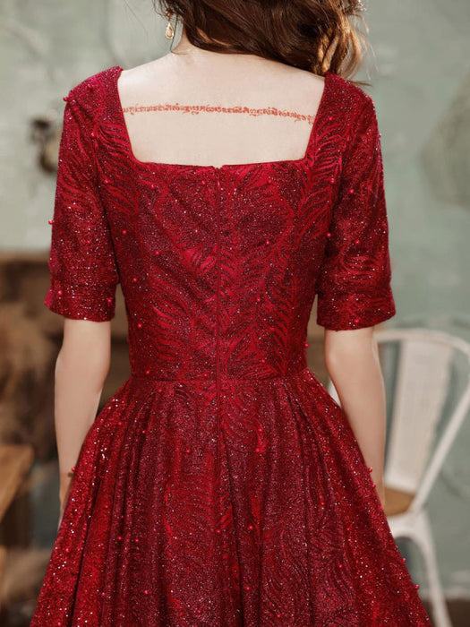 Burgundy Evening Dress A-Line V-Neck Half Sleeves Lace Floor-Length Formal Dinner Dresses Evening Dress