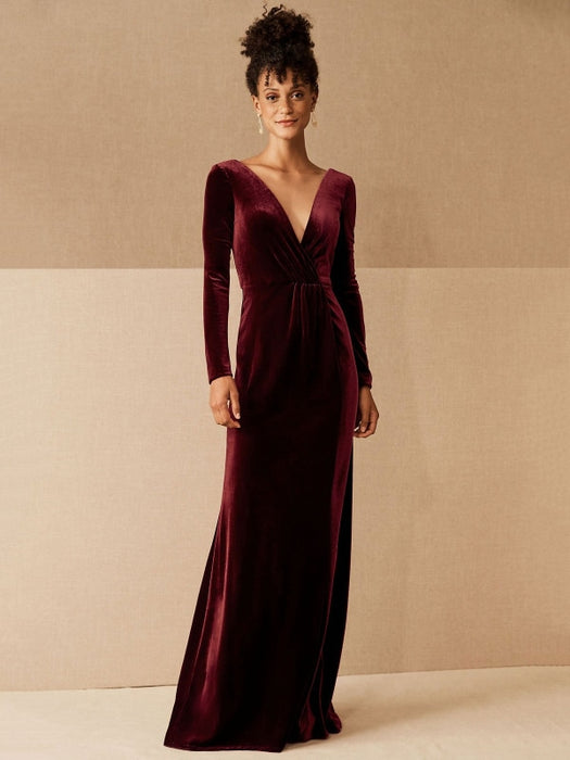 Burgundy Evening Dress A-Line V-Neck Long Sleeve Velour Floor-Length Formal Party Dresses(APP ExclusivePrice  $99.99)