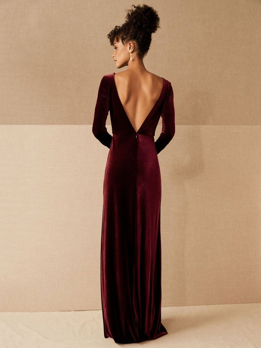 Burgundy Evening Dress A-Line V-Neck Long Sleeve Velour Floor-Length Formal Party Dresses(APP ExclusivePrice  $99.99)