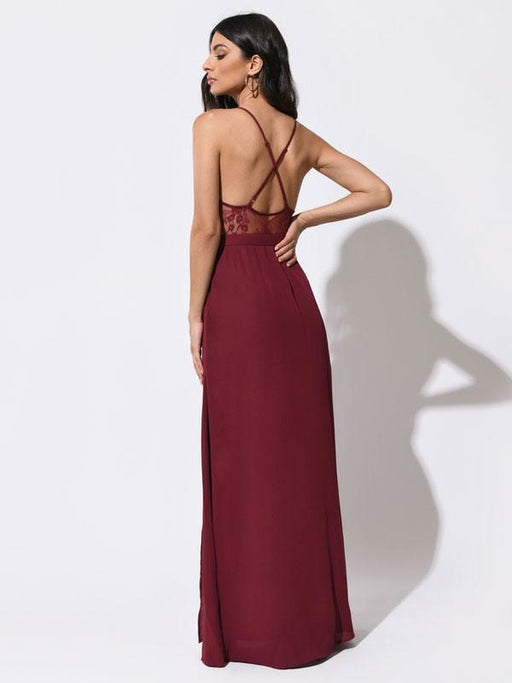 Burgundy Evening Dress A-Line V-Neck Sleeveless Backless Chiffon Lace Chiffon Formal Dinner Dresses