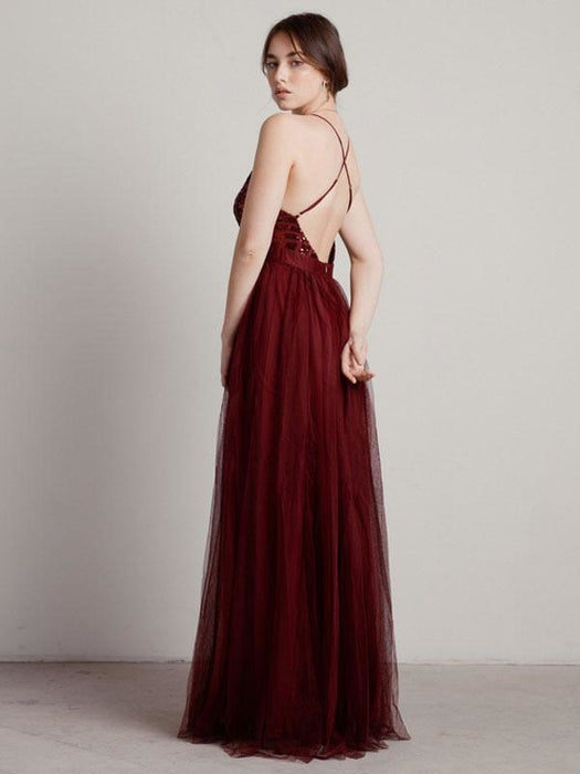 Burgundy Evening Dress A-Line V-Neck Tulle Floor-Length Pleated Maxi Formal Party Dresses