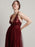 Burgundy Evening Dress A-Line V-Neck Tulle Floor-Length Pleated Maxi Formal Party Dresses