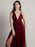 Burgundy Evening Dress A-Line V-Neck Zipper Pleated Chiffon Tulle Maxi Formal Dinner Dresses