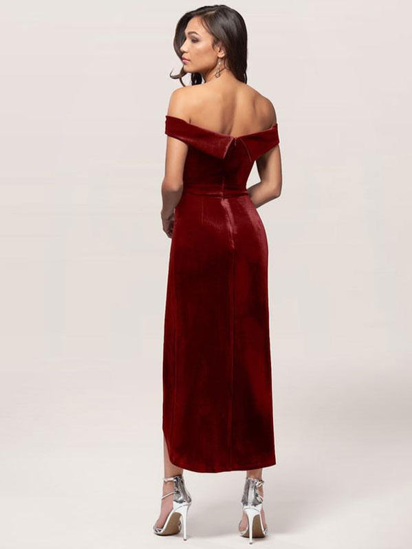 Boat Neck Formal Wear with Diagonal Tiered Hemline Burgundy main image 1