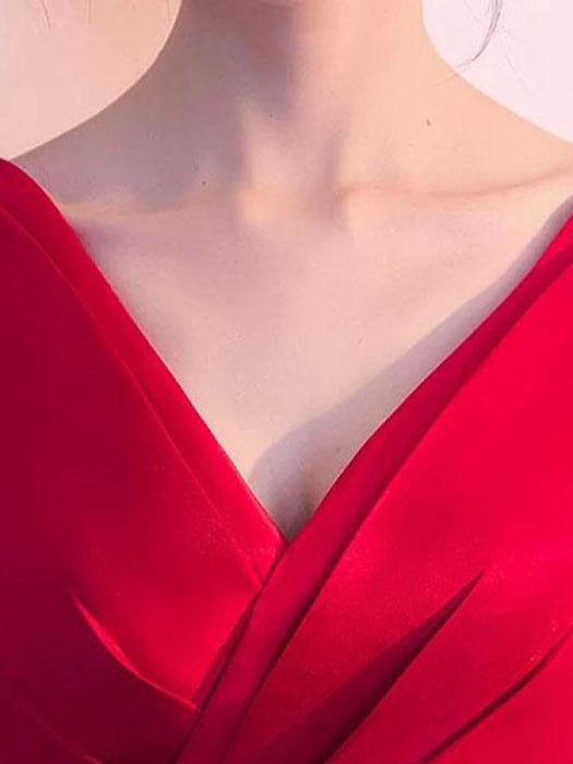 Burgundy Evening Dresses Long V Neck Sleeveless Pleated A Line Floor Length Evening Dress(APP ExclusivePrice  $89.99)